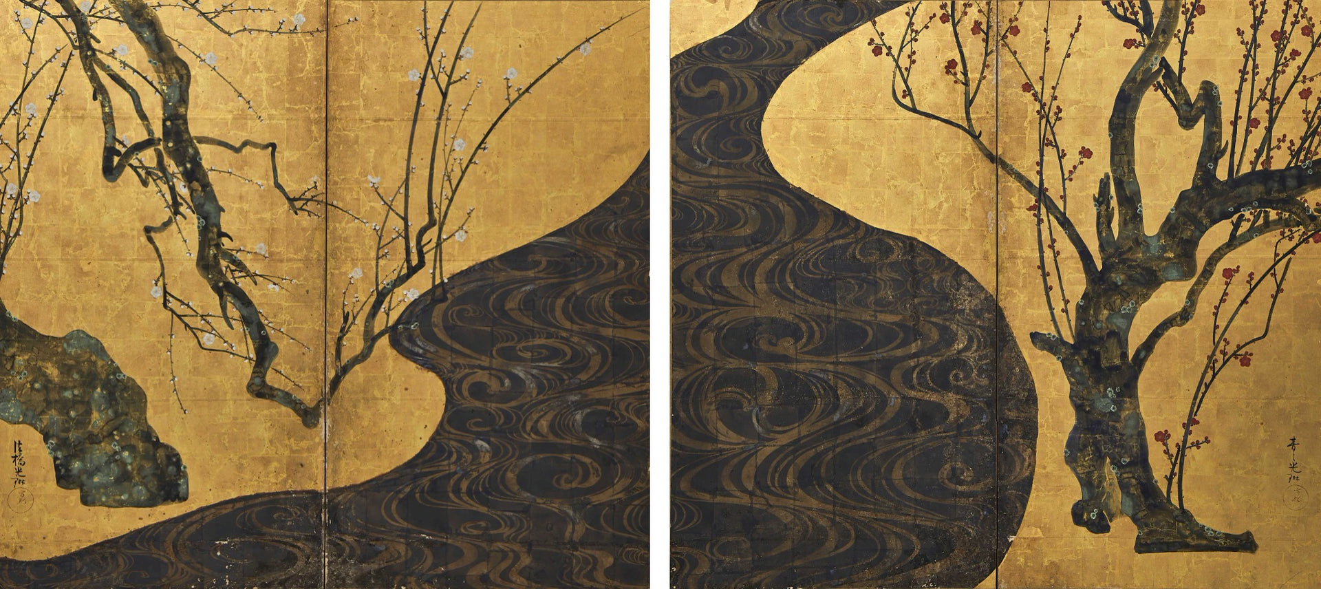 Pruniers rouges et blancs en fleurs, Ogata Kōrin, 1715