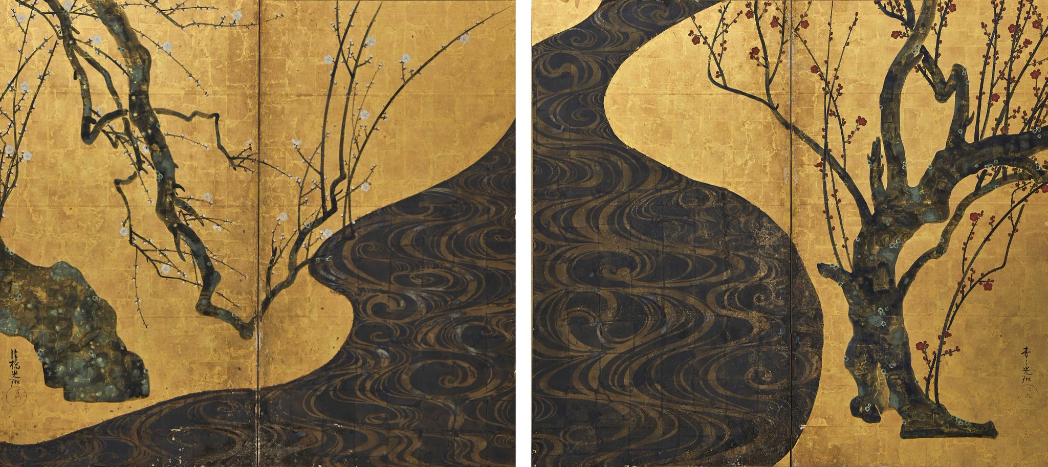 Pruniers rouges et blancs en fleurs, Ogata Kōrin, 1715