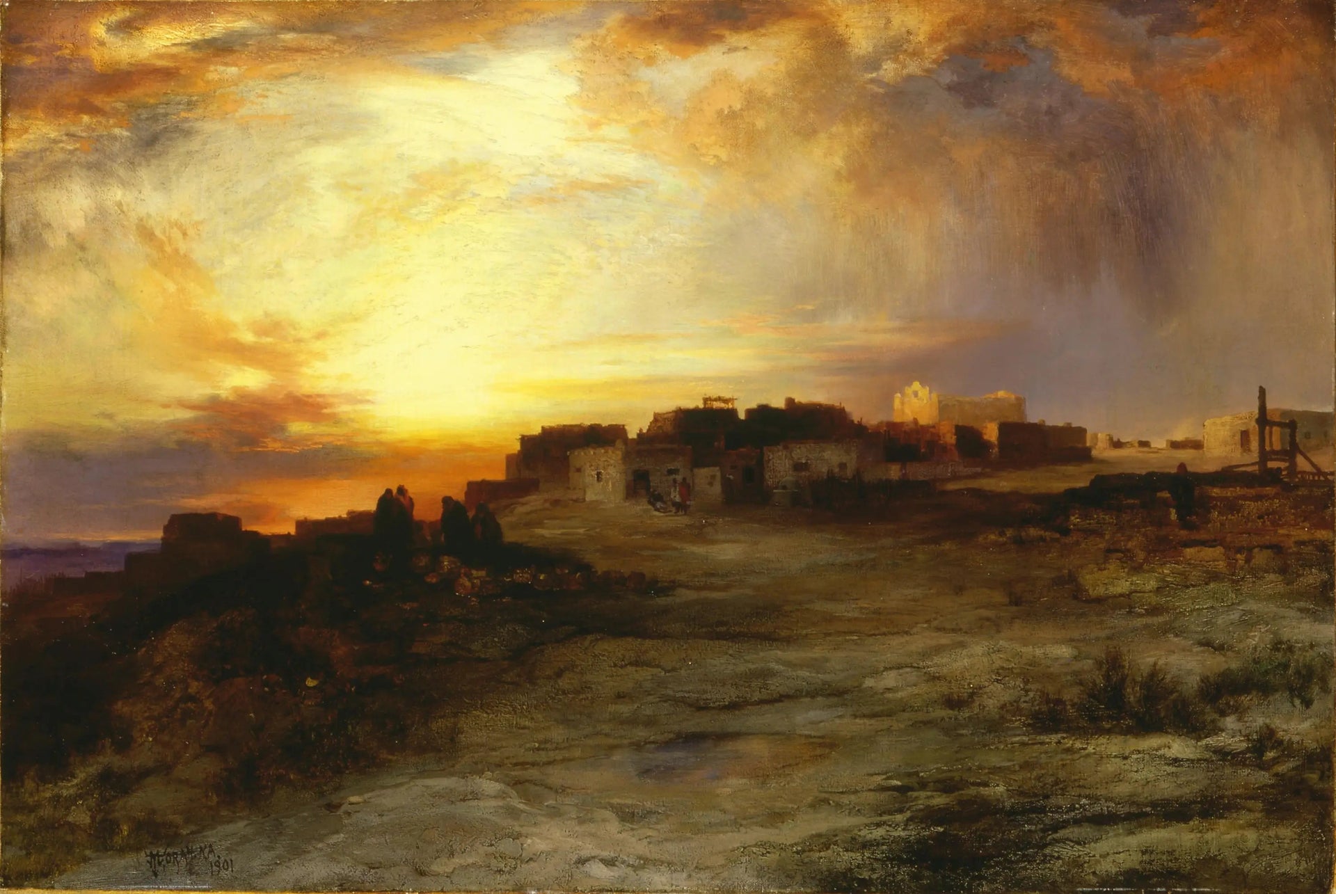 Pueblo au coucher du soleil (Laguna) - Thomas Moran image 1 copie peinte à la main à l’huile