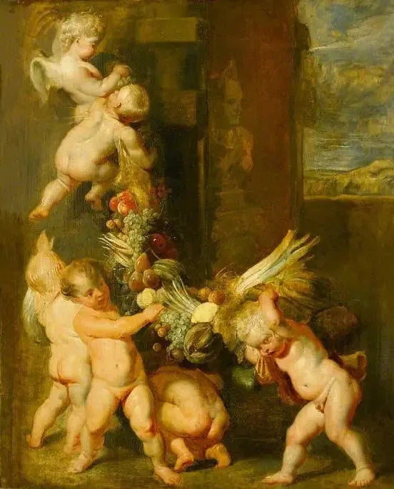 Putti portant une guirlande de fruits - Peter Paul Rubens image 1 tableau peint à l’huile sur toile