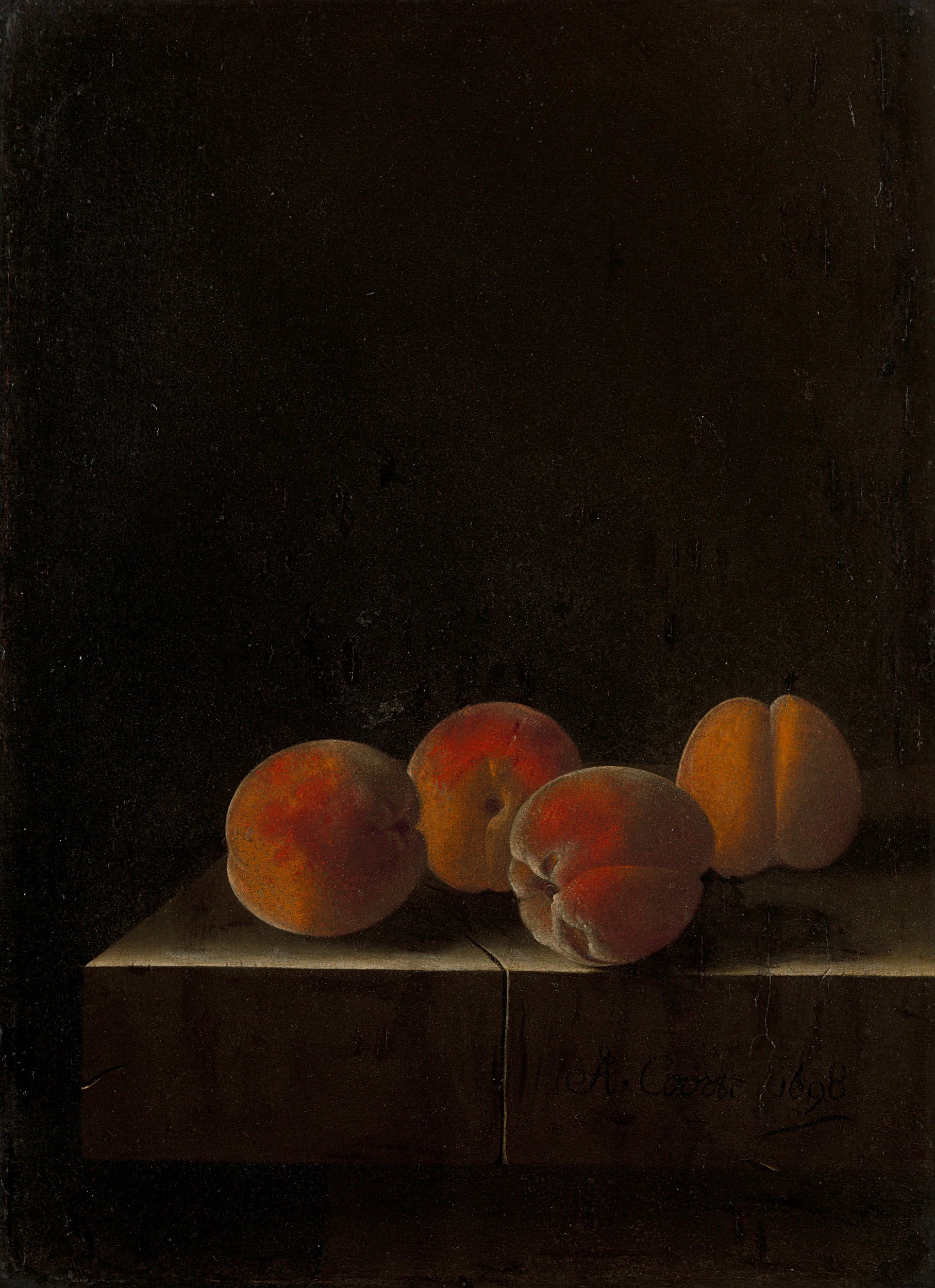 Quatre abricots sur un socle en pierre - Adriaen Coorte