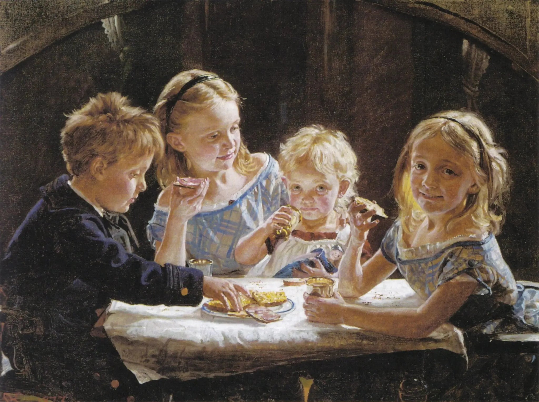 Quatre enfants en train de déjeuner. - Peder Severin Krøyer image 1 reproduction d’œuvre d’art à l’huile