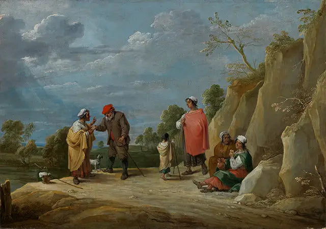 Quatre gitans avec un enfant, l'un d'eux prédisant la bonne aventure à un paysan - David Teniers le Jeune image 1 reproduction artisanale de tableau