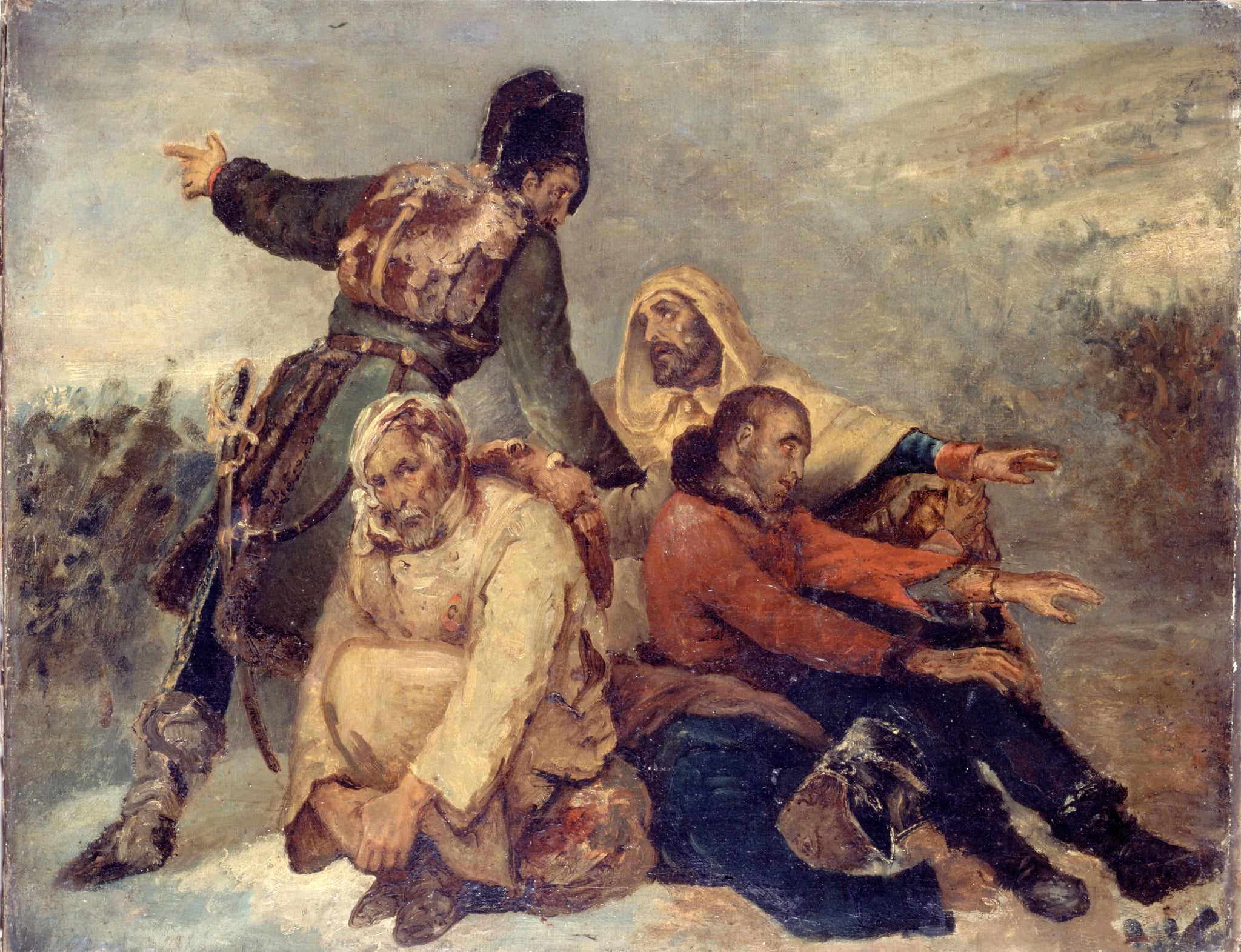Quatre soldats de l'armée en déroute - Ary Scheffer image 1 copie de tableau peinte à la main
