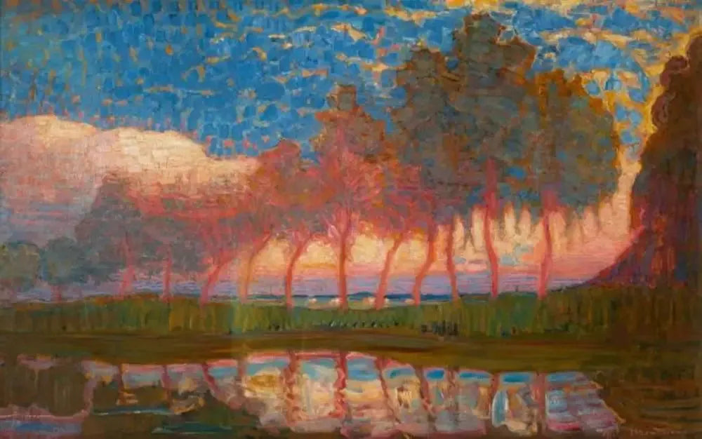 Rangée de onze peupliers rouges, jaunes, bleus et verts - Piet Mondrian image 1 reproduction d’œuvre d’art à l’huile