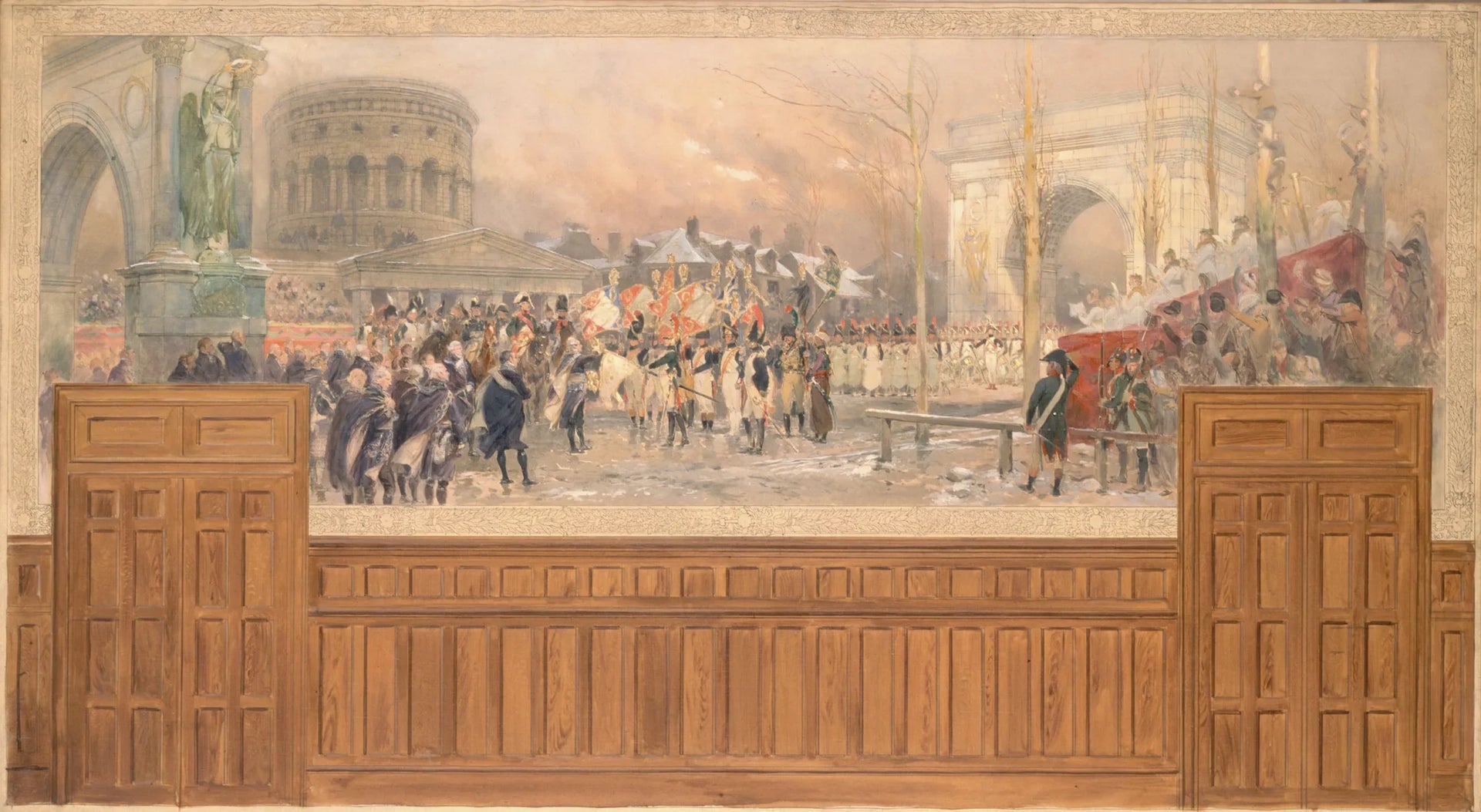 Réception par la municipalité de Paris, à la barrière de la Villette, des troupes revenant de Pologne, après la campagne de 1806-1807. - Édouard Detaille image 1 reproduction de peinture à l’huile