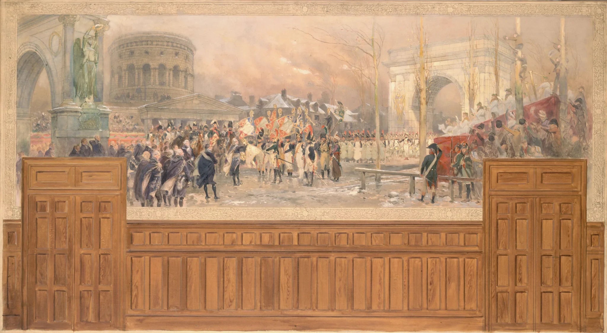 Réception par la municipalité de Paris, à la barrière de la Villette, des troupes revenant de Pologne, après la campagne de 1806-1807. - Édouard Detaille image 1 reproduction de peinture à l’huile