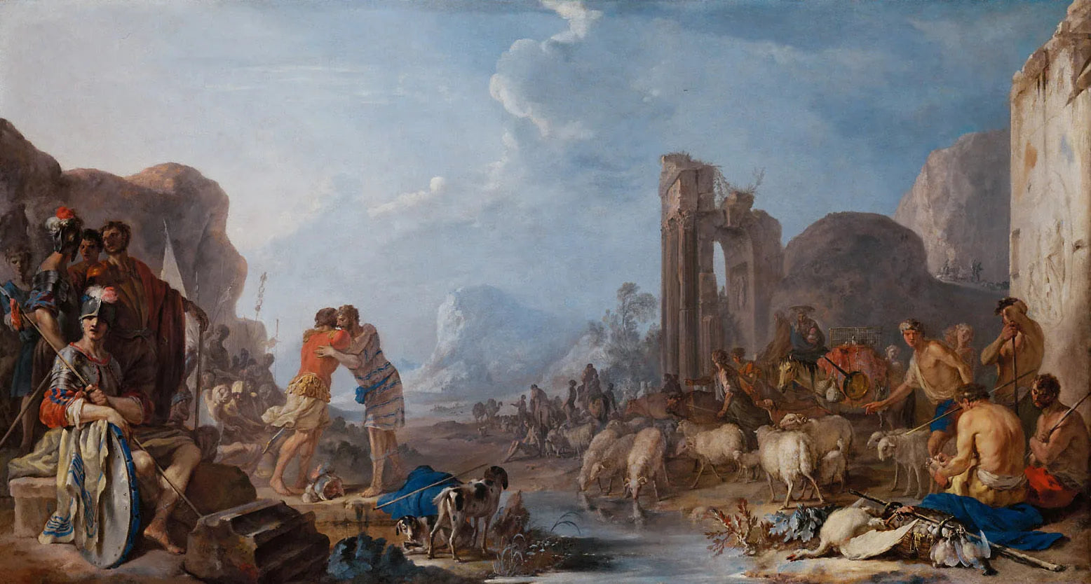 Réconciliation de Jacob avec Ésaü - Johann Heinrich Schönfeld image 1 reproduction de peinture à l’huile