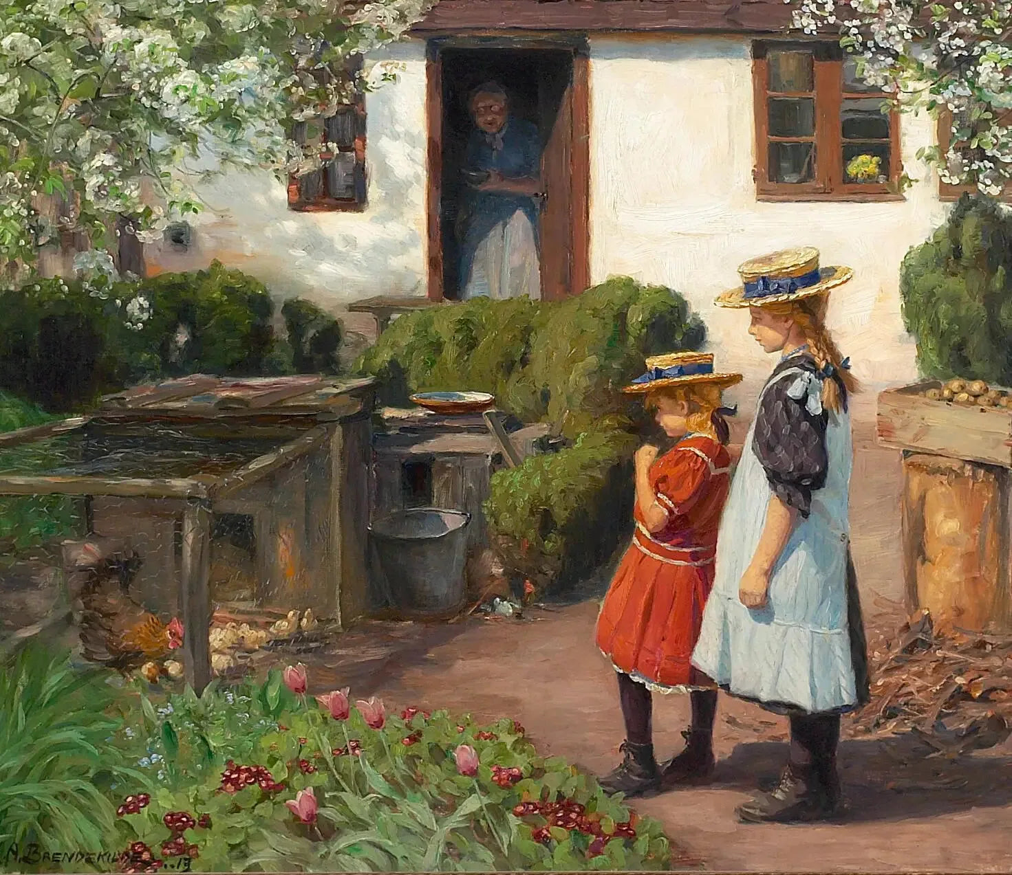 Regarder les poussins. - H. A. Brendekilde image 1 copie peinte à la main à l’huile