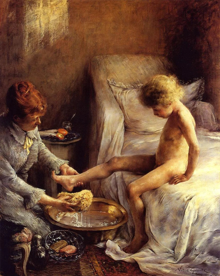 Reine Gœneutte lavant le jeune Jean Guérard dans le studio de l'artiste - Norbert Gœneutte image 1 reproduction de peinture à l’huile