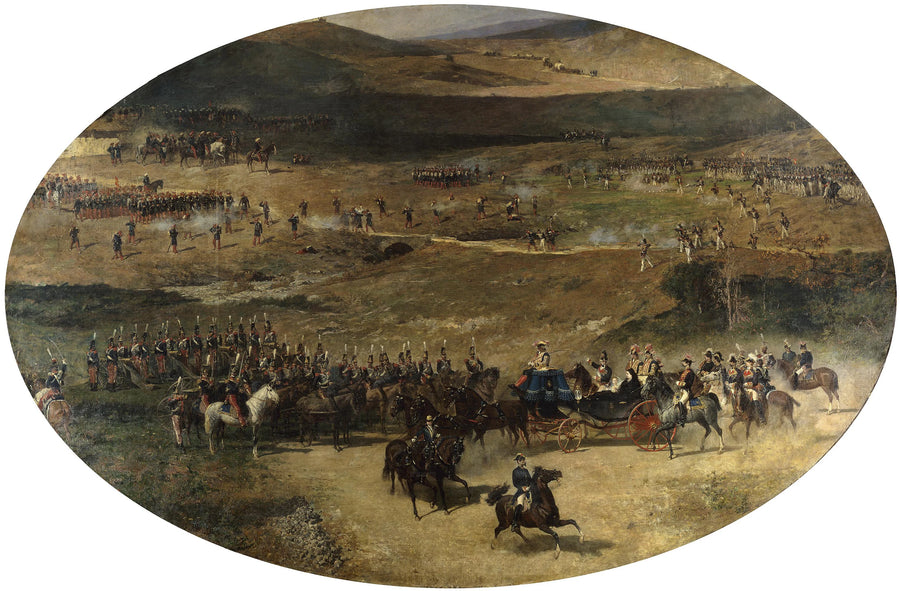 La reine María Cristina et sa fille Isabel II passant en revue les batteries d'artillerie défendant Madrid en 1837 - Marià Fortuny