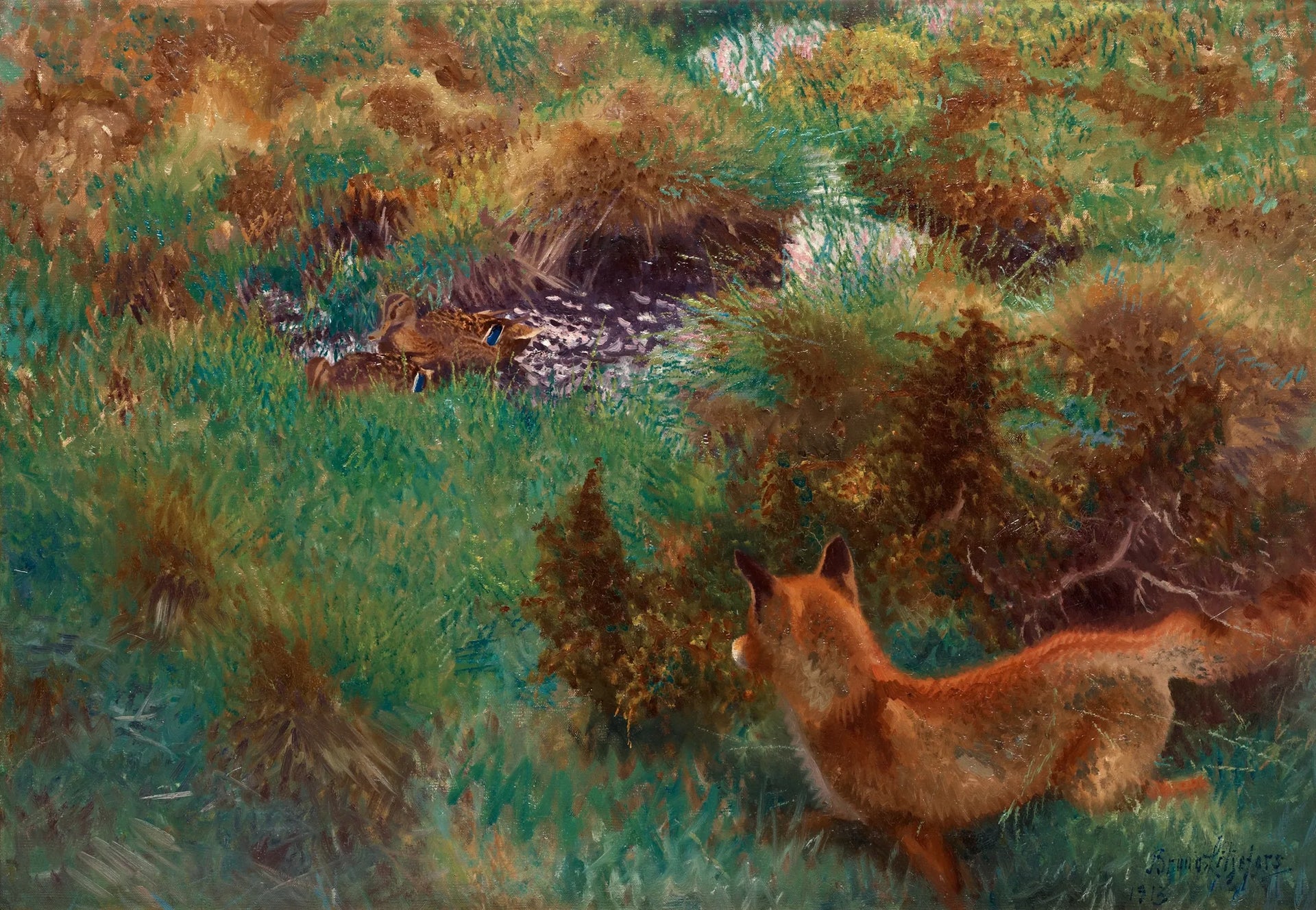 Renard à l'affût de canards sauvages - Bruno Liljefors image 1 copie de tableau peinte à la main