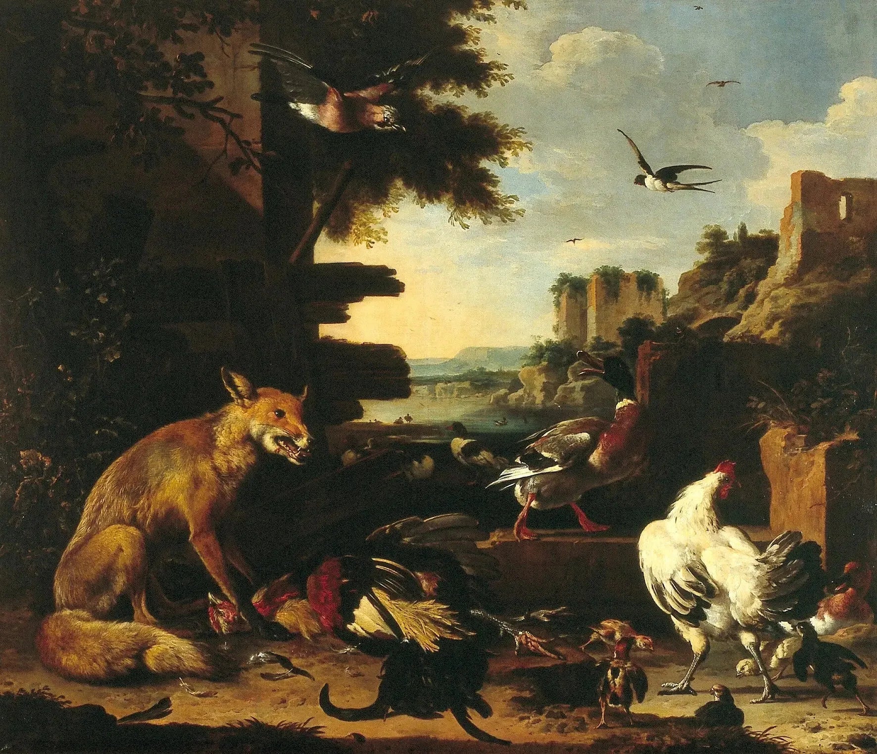 Renard avec coq et volaille morts dans un paysage de parc - Melchior de Hondecoeter image 1 copie de tableau peinte à la main