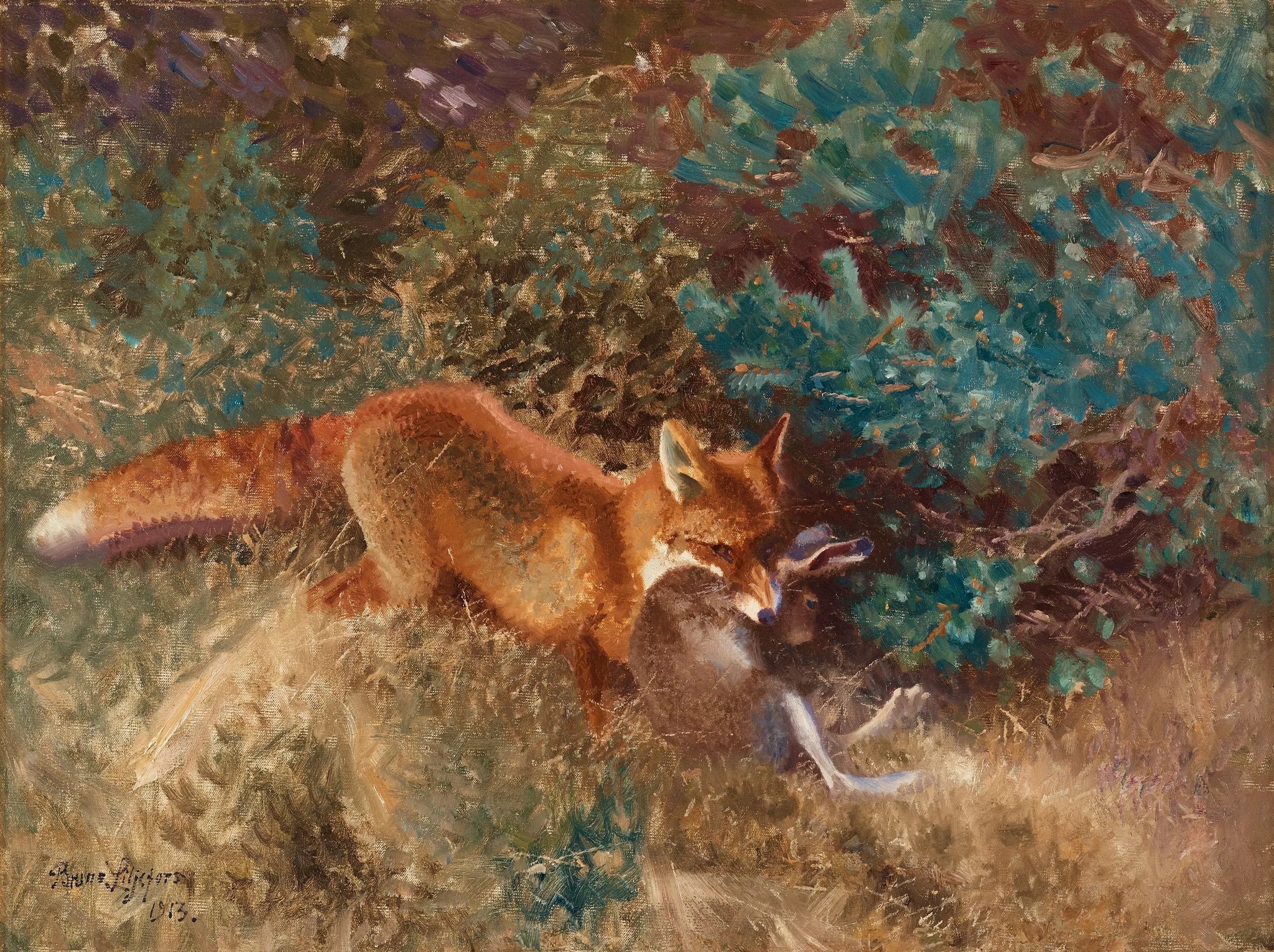 Renard avec lièvre - Bruno Liljefors image 1 reproduction d’œuvre d’art à l’huile