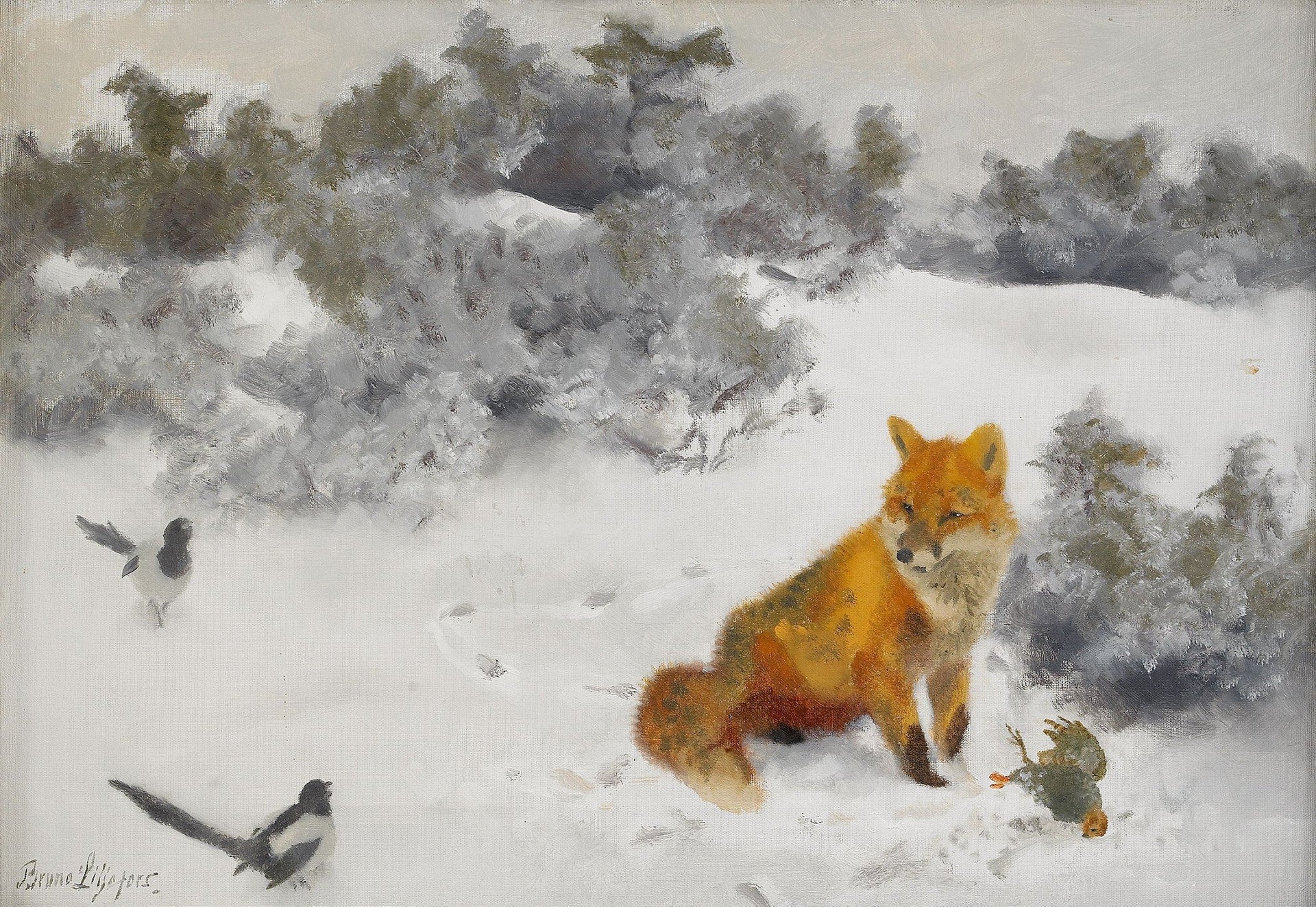 Renard dans un paysage d'hiver - Bruno Liljefors image 1 tableau peint à l’huile sur toile