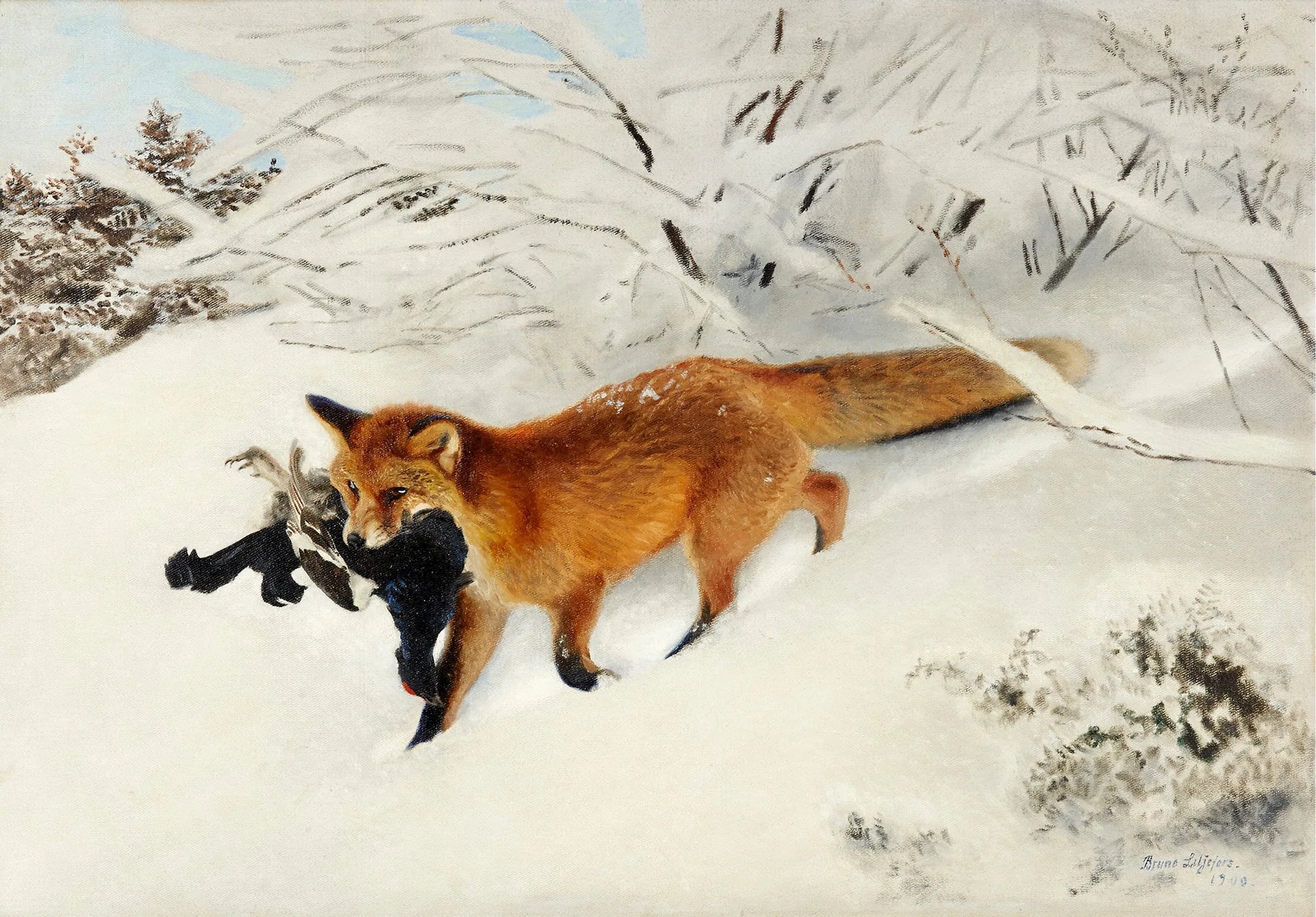 Renard dans un paysage enneigé - Bruno Liljefors image 1 copie de tableau peinte à la main