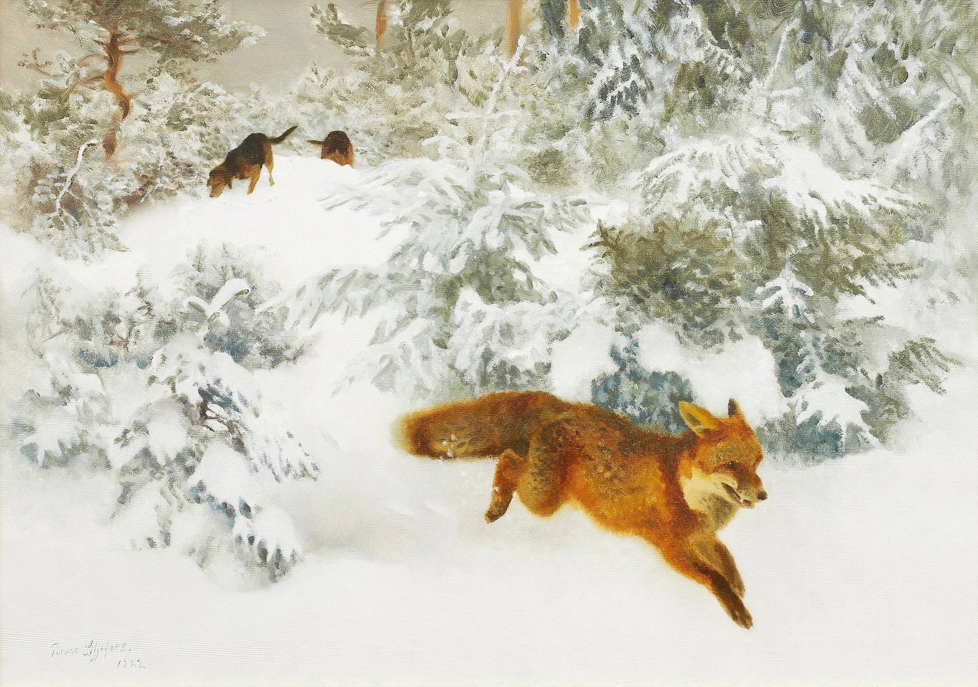 Renard dans un paysage hivernal avec des chiens de chasse - Bruno Liljefors image 1 reproduction de peinture à l’huile