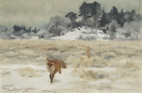 Renard dans un paysage hivernal avec des chiens de chasse - Bruno Liljefors image 1 copie peinte à la main à l’huile
