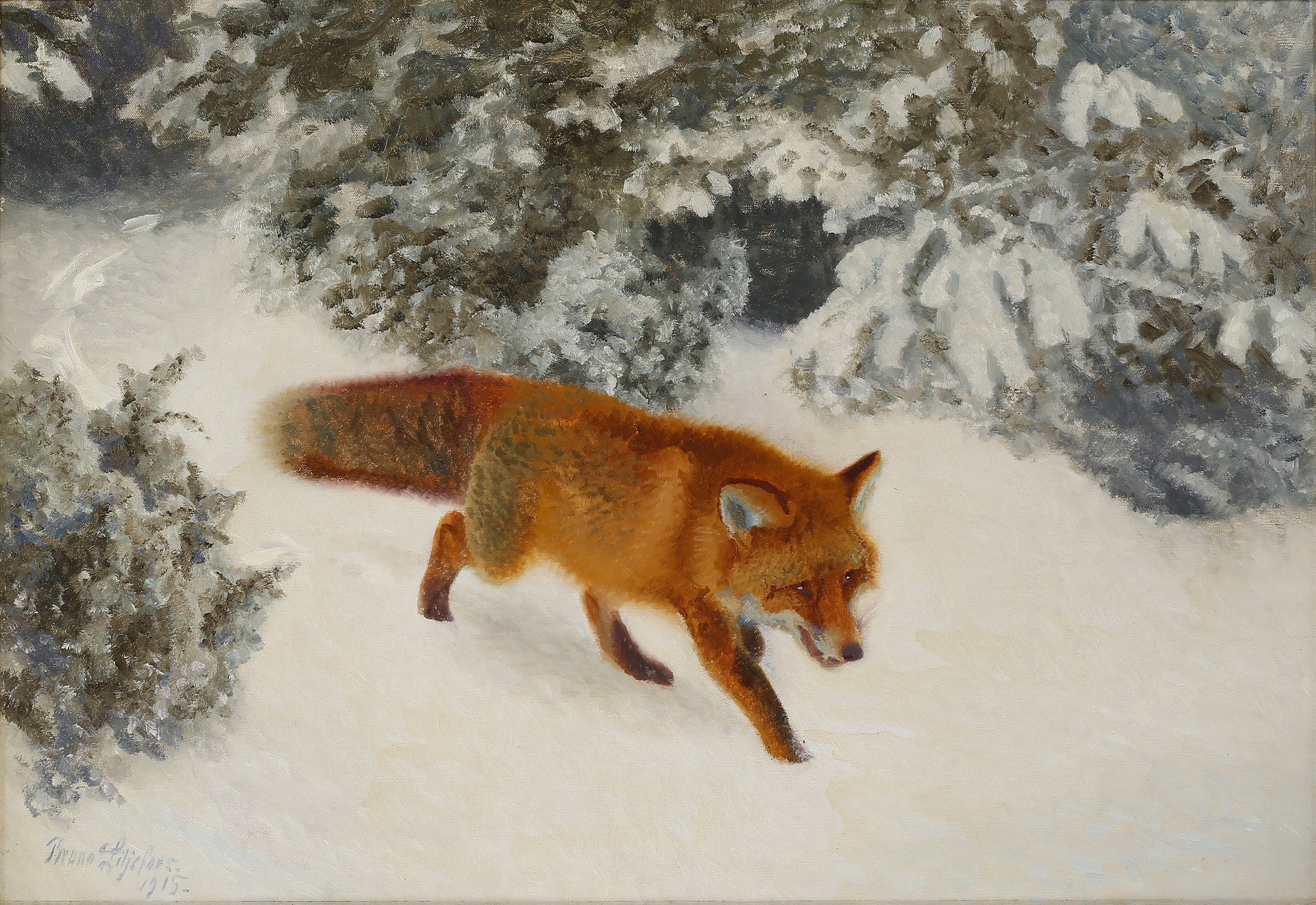 Renard dans un paysage hivernal - Bruno Liljefors image 1 reproduction artisanale de tableau