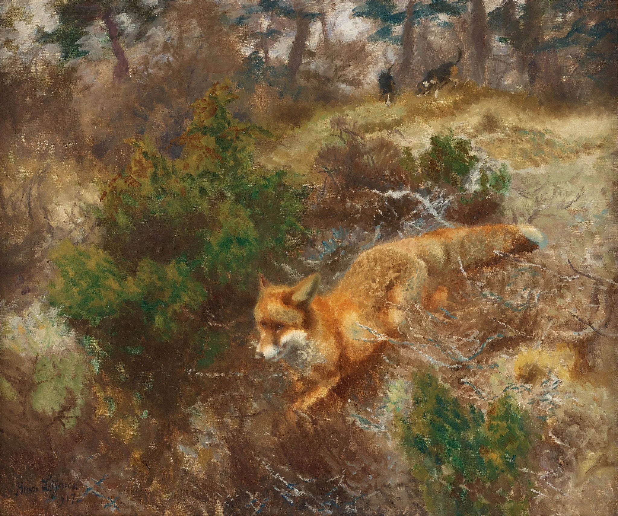 Renard et chiens de chasse - Bruno Liljefors image 1 copie peinte à la main à l’huile