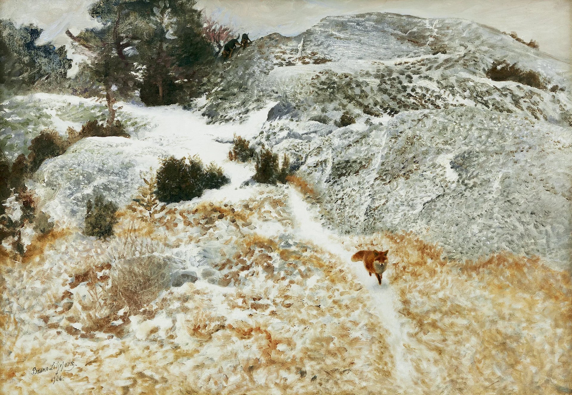 Renard et chiens de chasse dans un paysage hivernal - Bruno Liljefors image 1 copie peinte à la main à l’huile