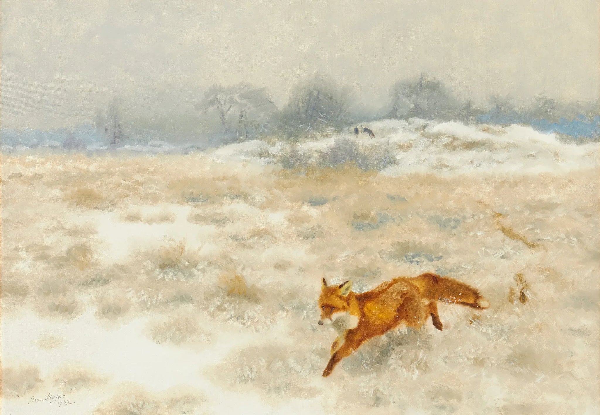 Renard et chiens de chasse dans un paysage hivernal - Bruno Liljefors image 1 reproduction de peinture à l’huile
