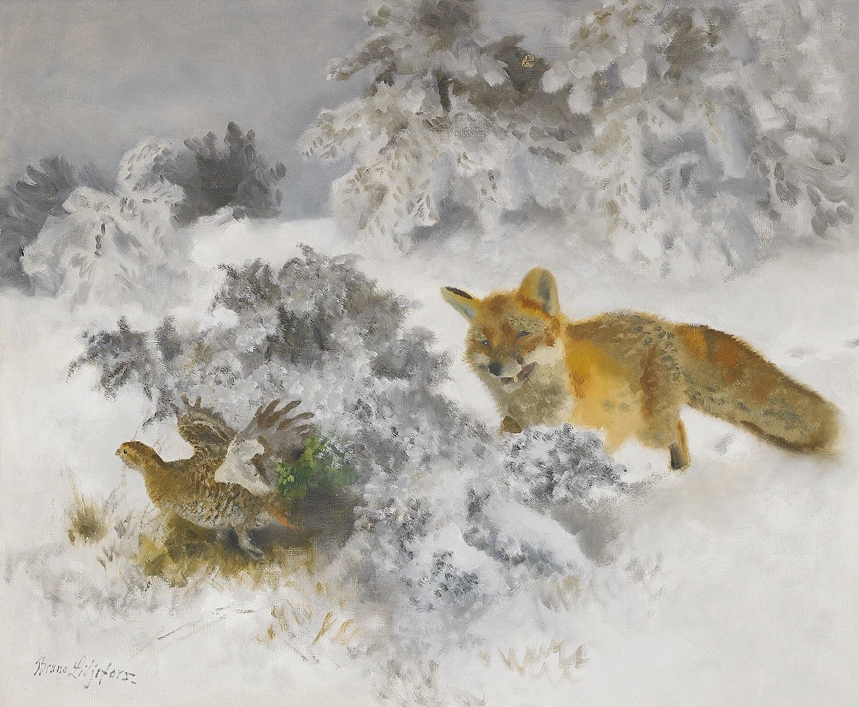 Renard et poule tétras lyre dans un paysage hivernal - Bruno Liljefors image 1 reproduction artisanale de tableau