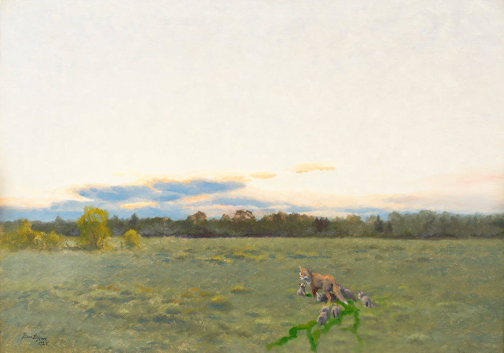Renard et ses petits dans la prairie - Bruno Liljefors image 1 reproduction de peinture à l’huile