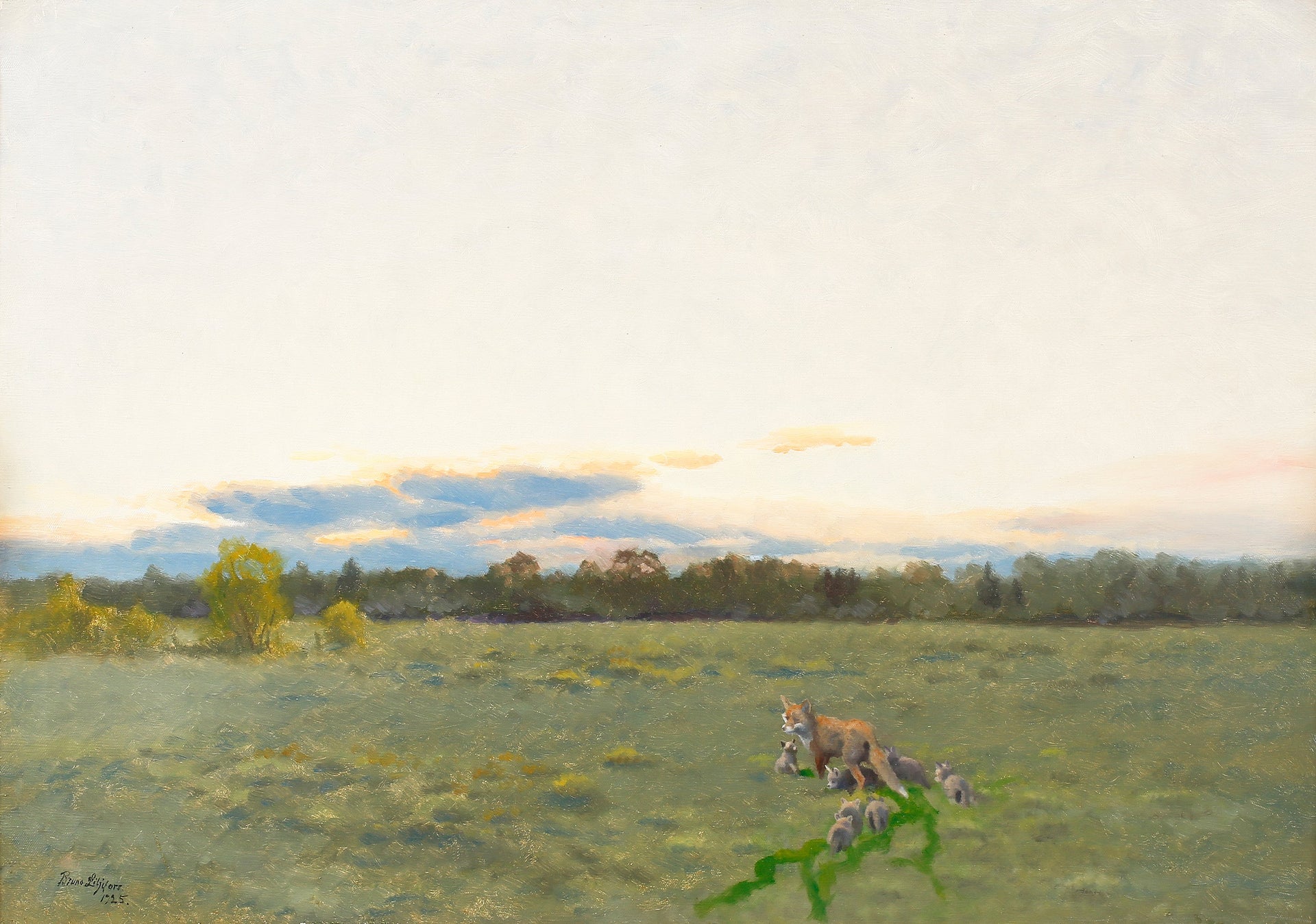 Renard et ses petits dans la prairie - Bruno Liljefors image 1 reproduction de peinture à l’huile