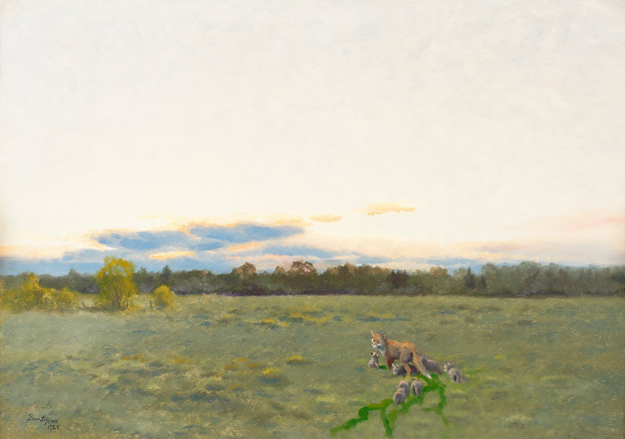 Renard et ses petits dans la prairie - Bruno Liljefors image 1 reproduction de peinture à l’huile