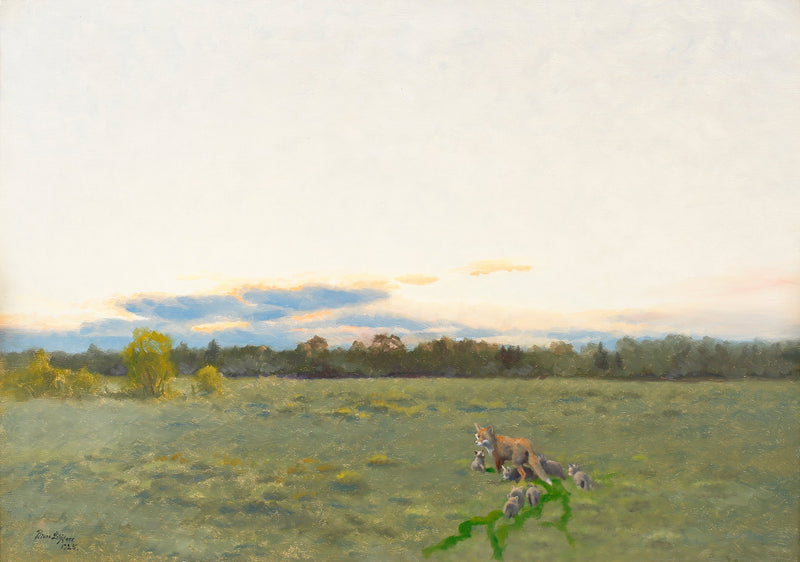 Renard et ses petits dans la prairie - Bruno Liljefors