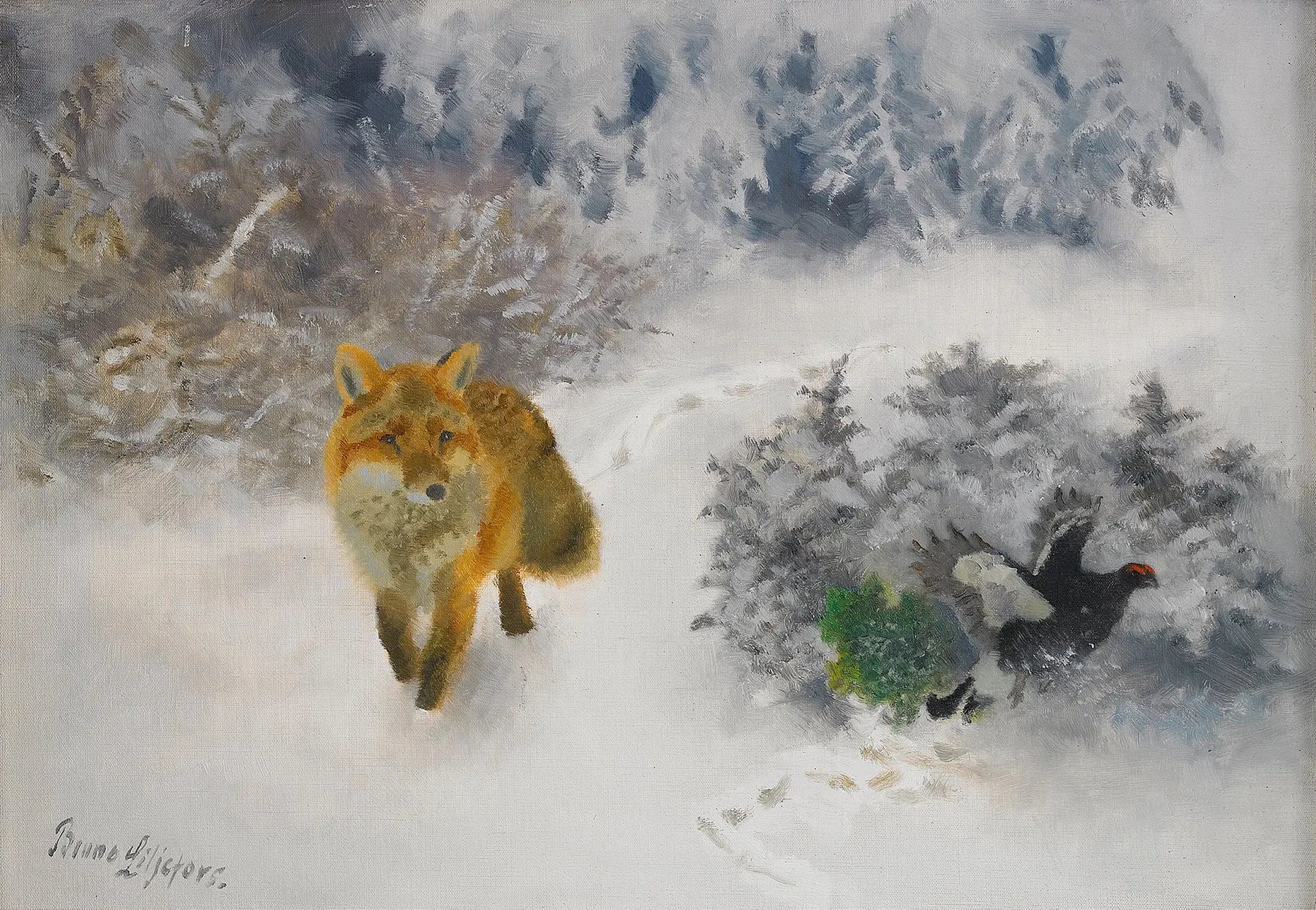 Renard et tétras lyre mâles dans un paysage hivernal - Bruno Liljefors image 1 copie peinte à la main à l’huile