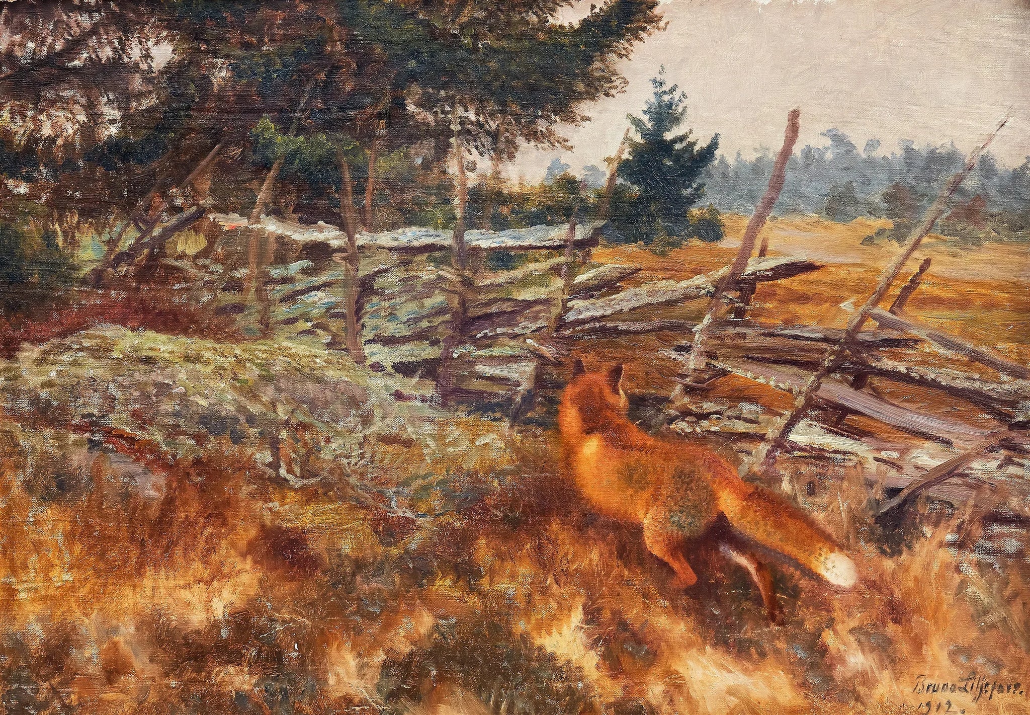 Renard près de la clôture ronde - Bruno Liljefors image 1 reproduction artisanale de tableau