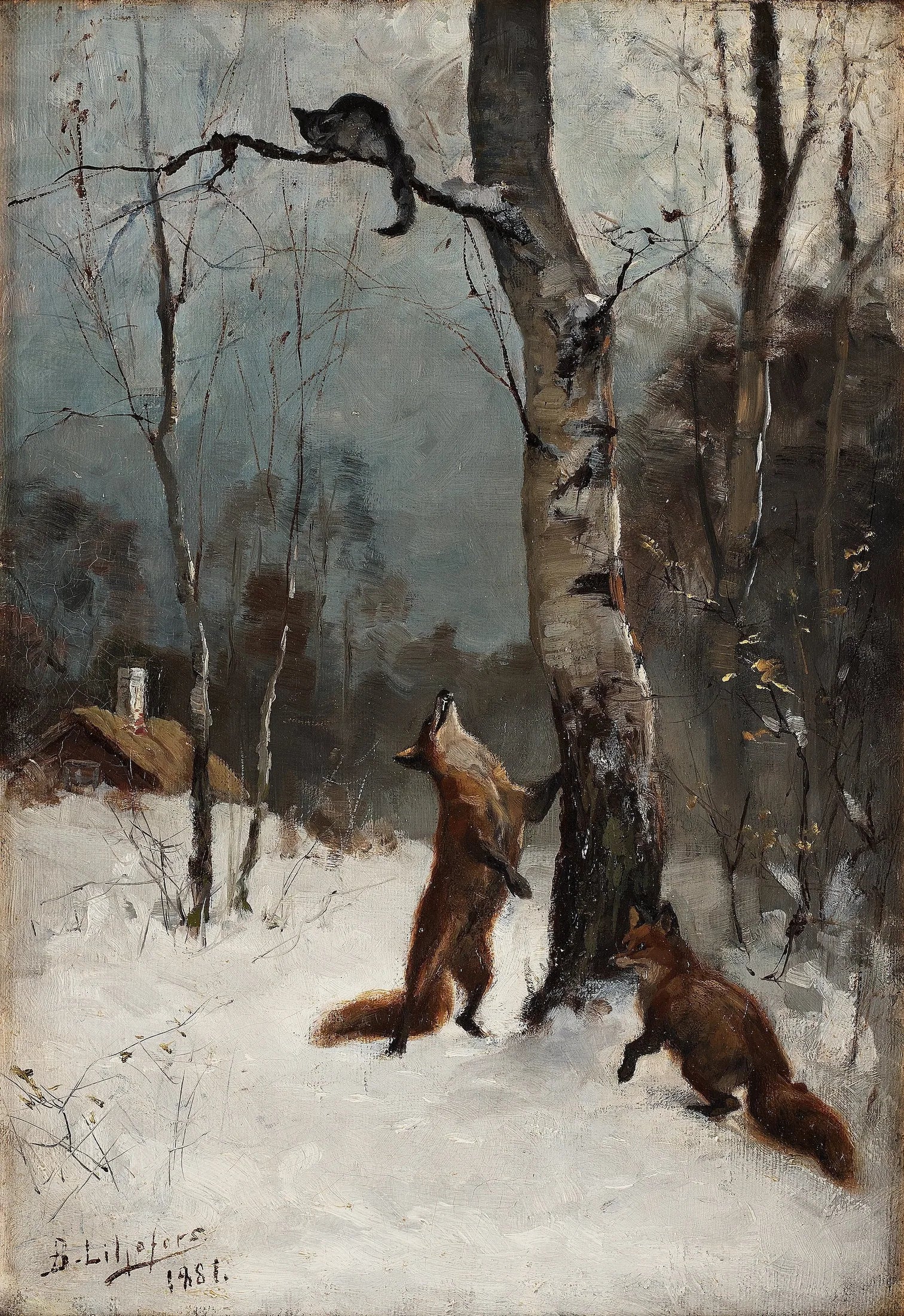 Renards et chat, paysage d'hiver - Bruno Liljefors image 1 reproduction de peinture à l’huile