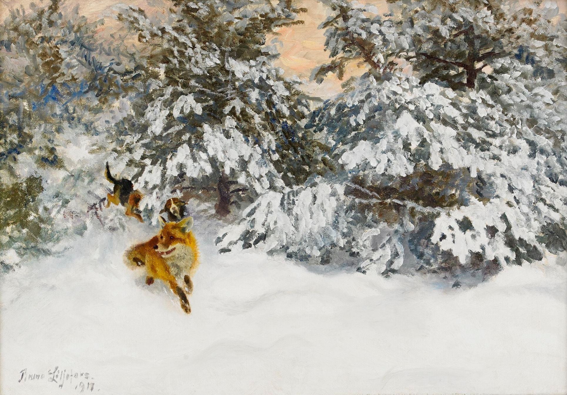 Renards et chiens de chasse - Bruno Liljefors image 1 reproduction artisanale de tableau