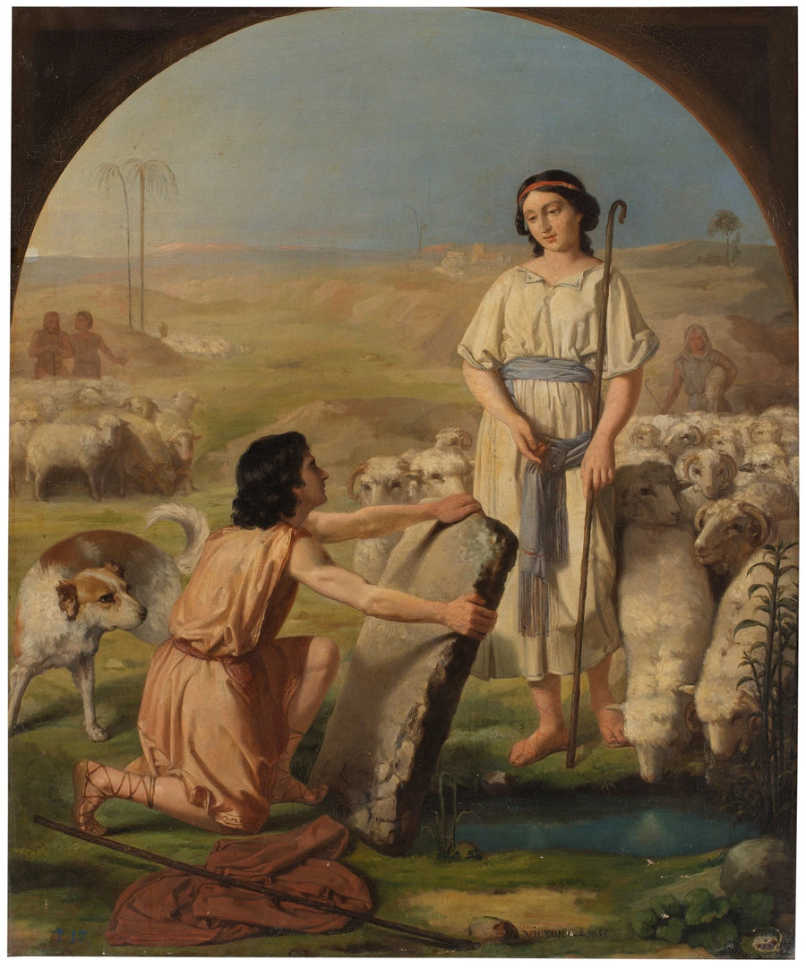 Rencontre de Jacob avec sa cousine Rachel qui conduisait le troupeau de son père dans une attitude de découverte du puits pour abreuver le bétail. - Víctor Esteban y Lozano