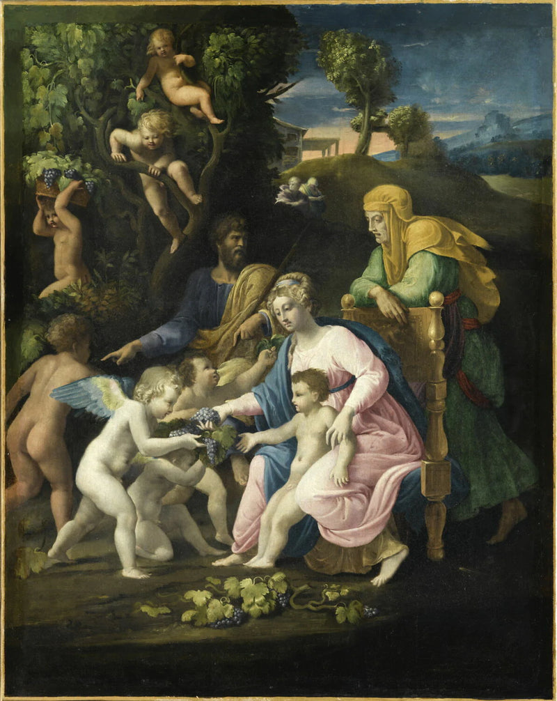 Le Repos pendant la fuite en Égypte ou La Sainte Famille servie par les anges portant les raisins de la Passion - Ippolito Andreasi
