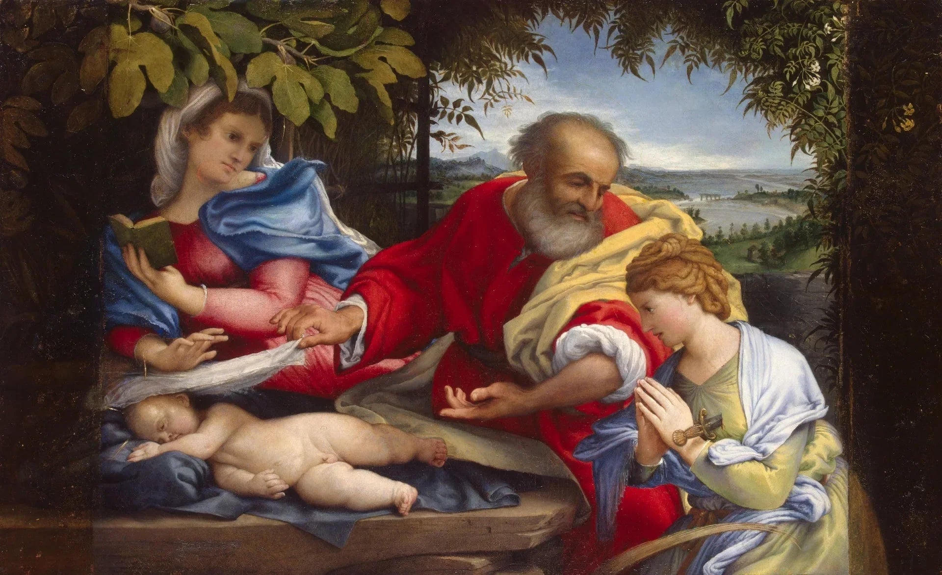 Repos pendant la fuite en Égypte avec sainte Justine - Lorenzo Lotto image 1 reproduction de peinture à l’huile