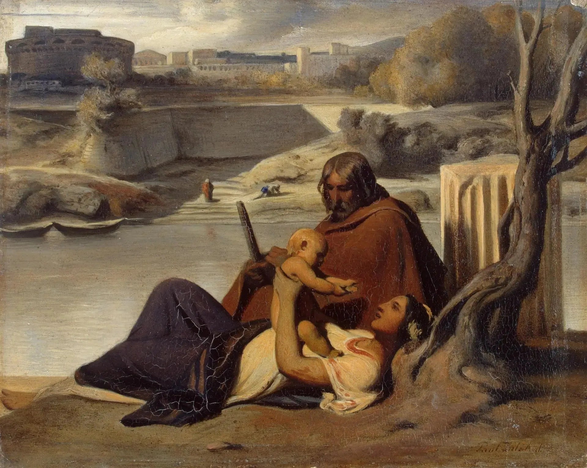Repos sur les rives du Tibre - Paul Delaroche image 1 copie peinte à la main à l’huile