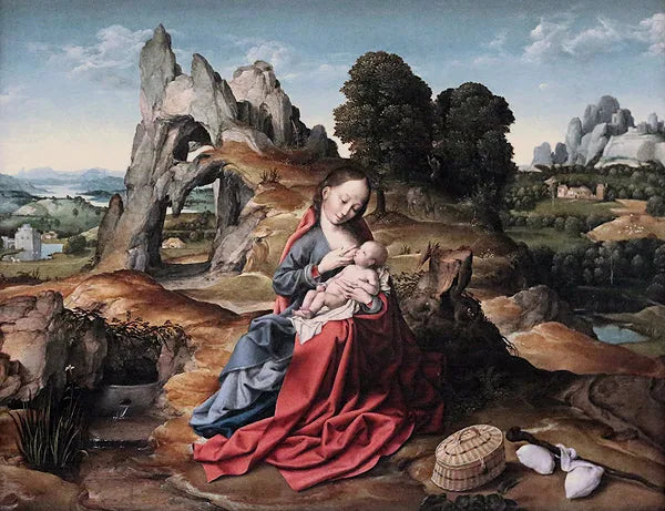 Reposez-vous pendant le vol vers l'Égypte - Joos van Cleve image 1 copie peinte à la main à l’huile