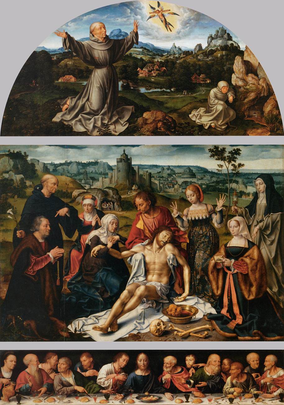 Retable de la déploration du Christ : la déploration du Christ (panneau central) ; La Stigmatisation de saint François (lunette) ; La Cène (prédelle) - Joos van Cleve image 1 copie peinte à la main à l’huile