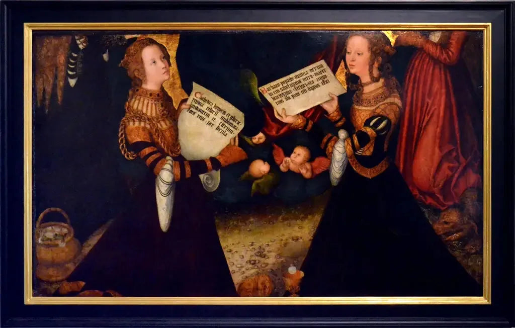 Retable de Prague [panneau central, fragment] : Sainte Catherine et Sainte Barbe avec des fragments des figures de Sainte Dorothée et Sainte Marguerite - Lucas Cranach the Elder image 1 copie de tableau peinte à la main