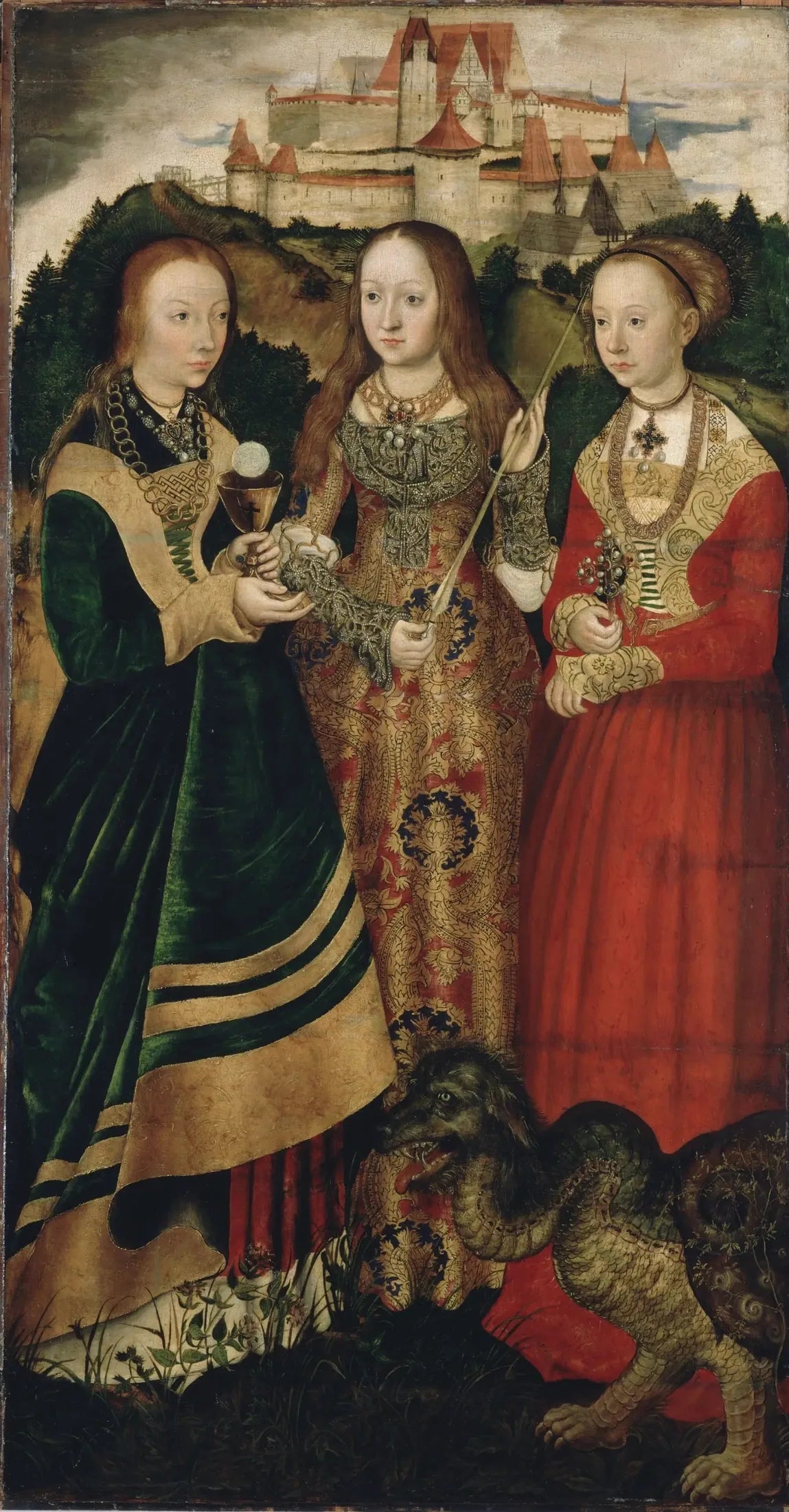 Retable du Martyre de sainte Catherine : sainte Barbe, sainte Ursule, sainte Marguerite [aile droite, recto] - Lucas Cranach the Elder image 1 copie peinte à la main à l’huile