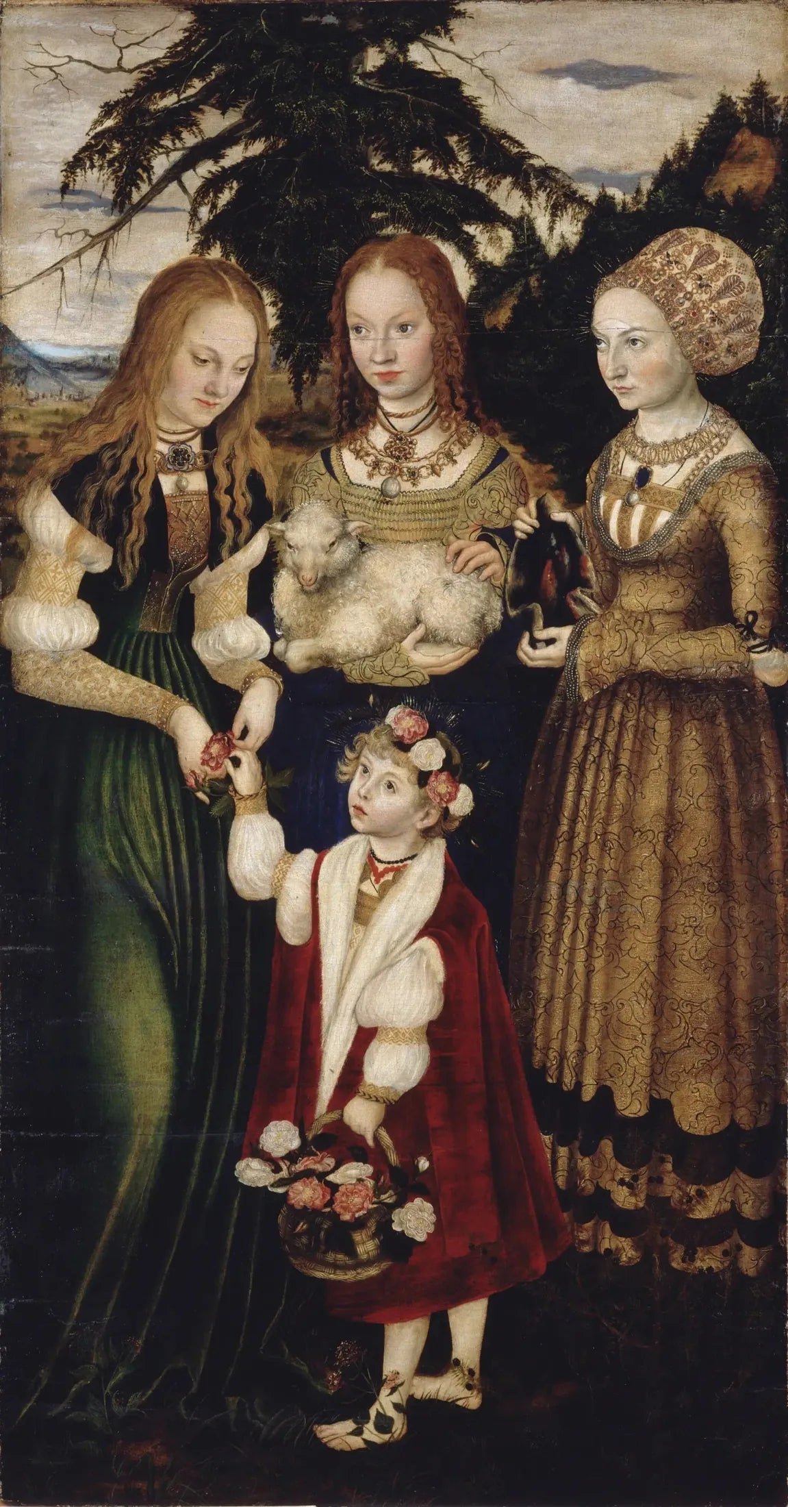 Retable du Martyre de sainte Catherine : sainte Dorothée, sainte Agnès, sainte Cunégonde [aile gauche, recto] - Lucas Cranach the Elder image 1 reproduction d’œuvre d’art à l’huile