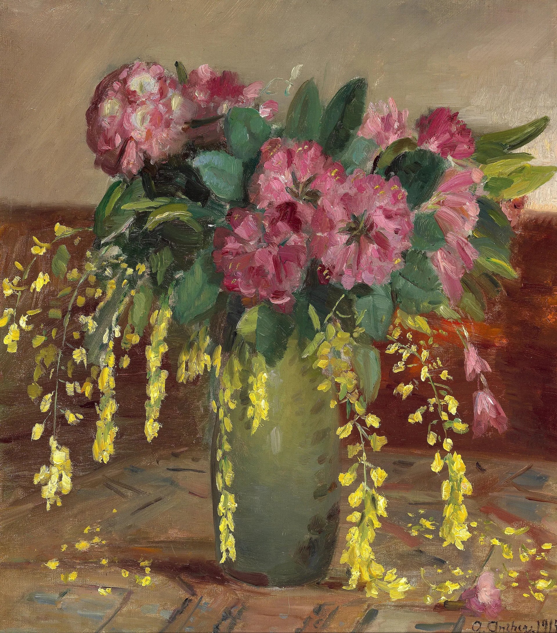 Rhododendrons roses et cytise dans un vase vert - Anna Ancher image 1 tableau peint à l’huile sur toile