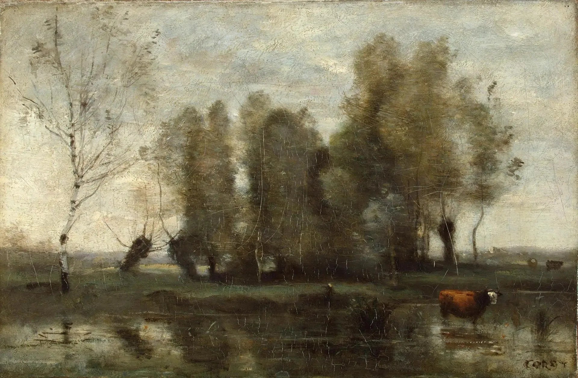 Rideau d'arbres dans les marais - Jean-Baptiste Camille Corot image 1 reproduction artisanale de tableau