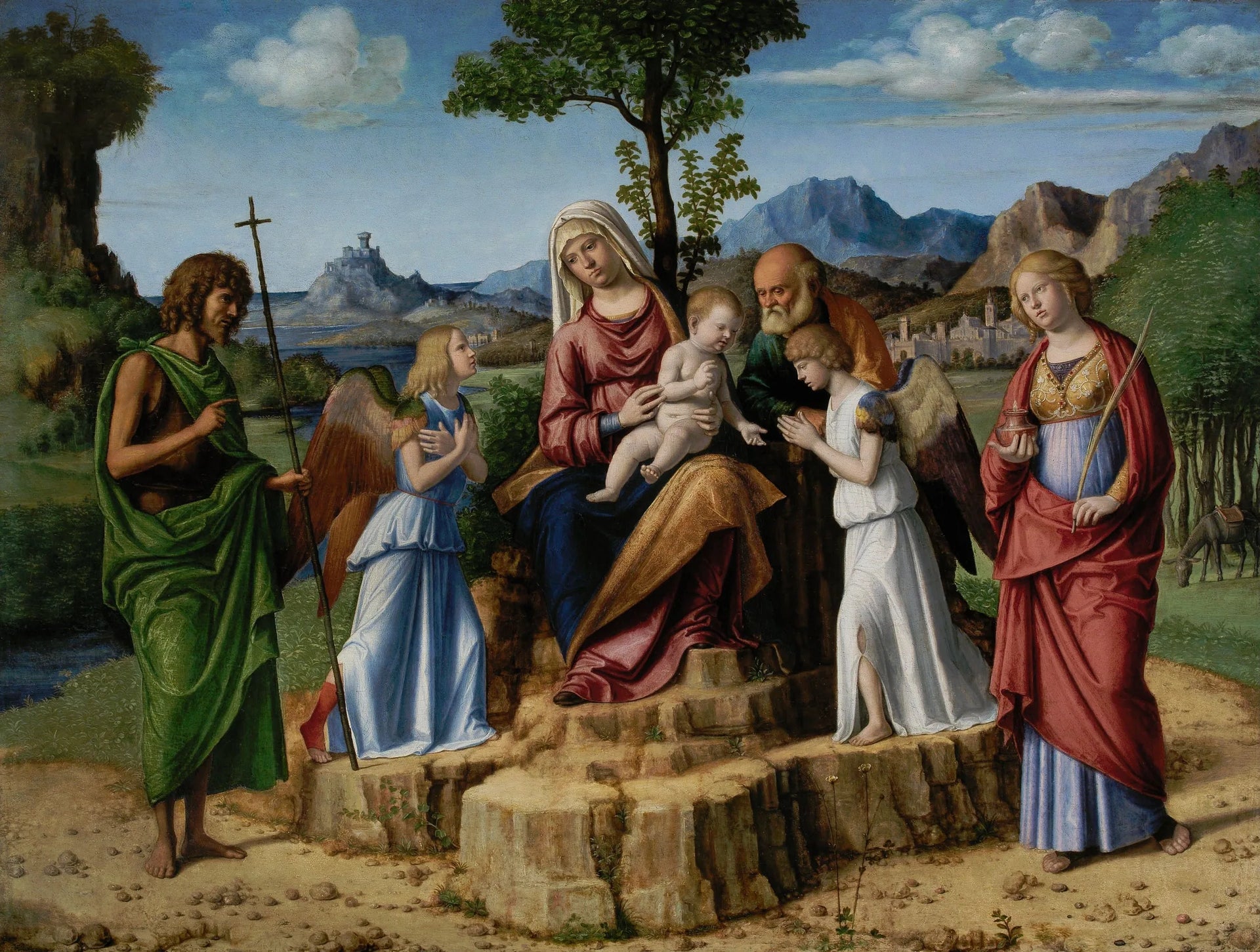 Riposo pendant la fuga en Égypte avec les saints Giovanni Battista et Lucia - Cima da Conegliano image 1 reproduction réalisée par Alpha Reproduction