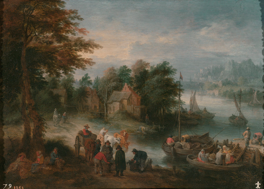 Rivière avec des gens et du bétail - Théobald Michau