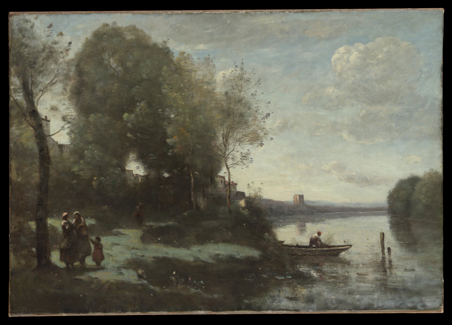 Rivière avec une tour au loin - Camille Corot