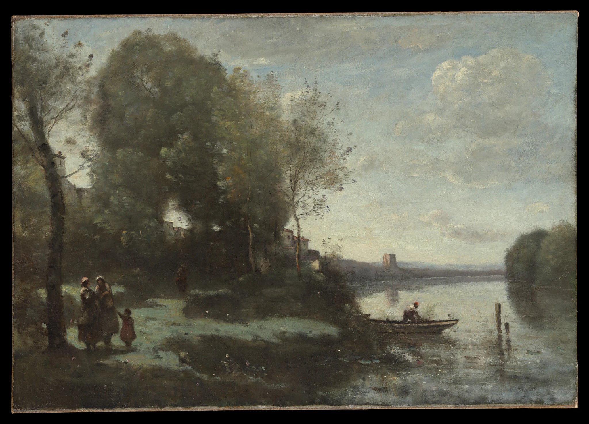 Rivière avec une tour au loin - Camille Corot